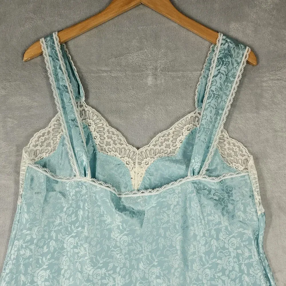Vintage Lucie Ann II Nightgown Womens M‎ Blue Floral Satin Lace Bridal Lingerie